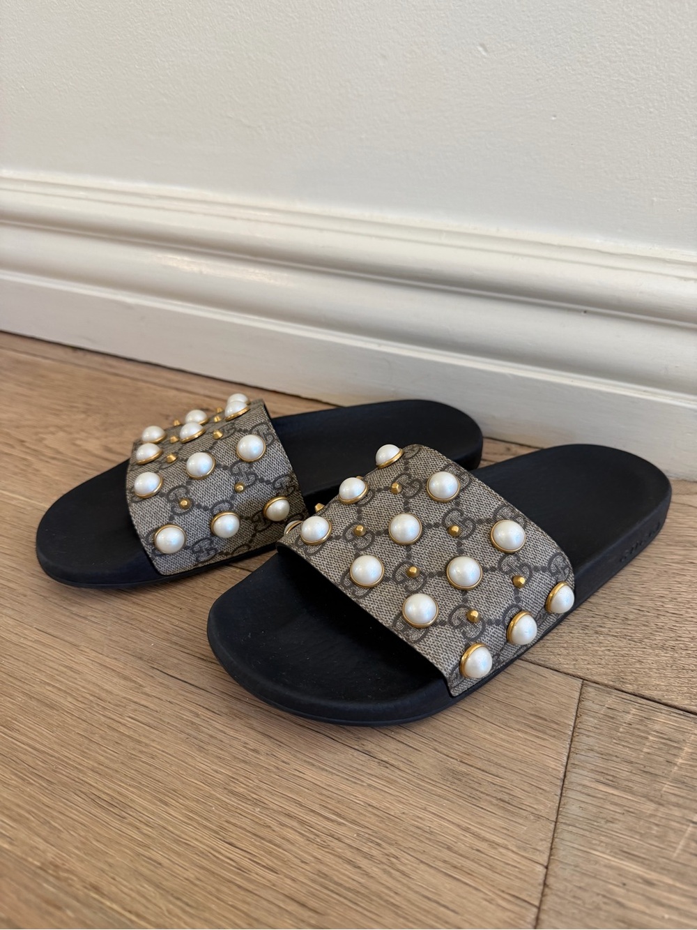 Gucci Pool Slides with Pearl & Gold Stud Embellishments